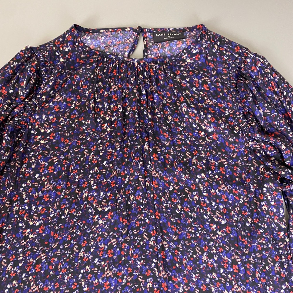 Lane Bryant Blouse Top Women's Size 18 Navy Blue Red Floral Long Sleeve Keyhole - Picture 2 of 9